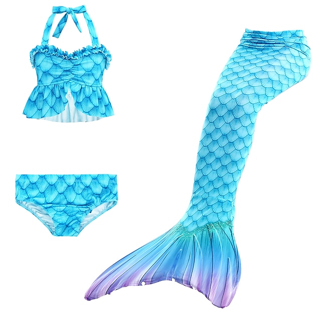  Kids Girls' Three Piece Swimwear Geometric Active Ruffle Bathing Suits 3-10 Years Blue