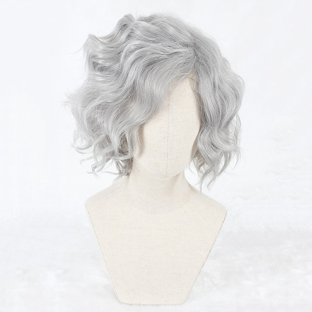  Cosplay  Wig Cosplay Wig Edmond Dantes Gankutsuou Fate / Stay Night Curly Cosplay Asymmetrical Wig Short Grey Synthetic Hair 14 inch Men‘s Anime Cosplay Gray