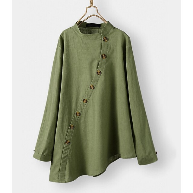 

Women's Blouse Shirt Solid Colored Standing Collar Tops Loose Green Orange