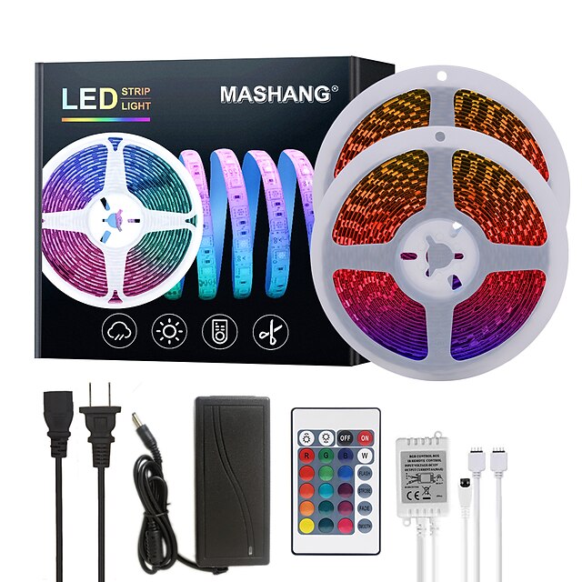  Bright RGB LED Strip Lights 32.8ft 10M RGB Tiktok Lights 1200LEDs SMD 5050 with 24 Keys IR Remote Controller and 100-240V Adapter for Home Bedroom Kitchen TV Back Lights DIY Deco