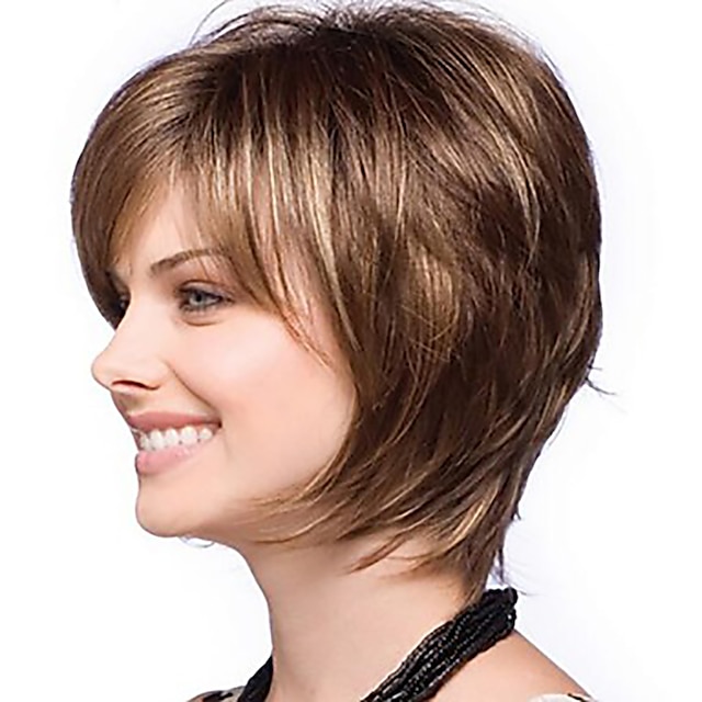 Synthetic Wig Straight Bob Pixie Cut Middle Part Wig Short Brown Golden ...