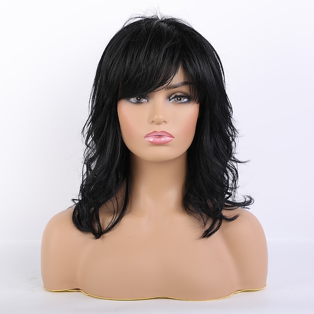  Remy Human Hair Wig Long Natural Wave Side Part Layered Haircut Asymmetrical With Bangs Black Women Fashion Natural Hairline Capless Women's All Natural Black #1B 16 inch