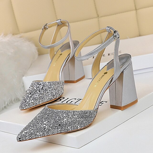  Women's Sandals Daily Solid Colored Block Heel Sandals Summer Block Heel Pointed Toe PU Loafer Silver Black White