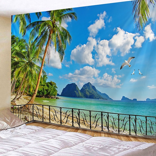  vindu landskap veggteppe kunst dekor teppe gardin piknik duk hengende hjem soverom stue sovesal dekorasjon polyester hav hav strand palmedyr