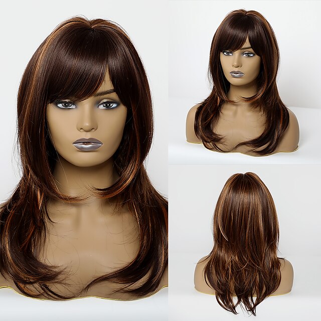  Synthetic Wig Body Wave With Bangs Wig Medium Length Brown / Burgundy Synthetic Hair 20 inch Women's Women Waterfall Youth Brown