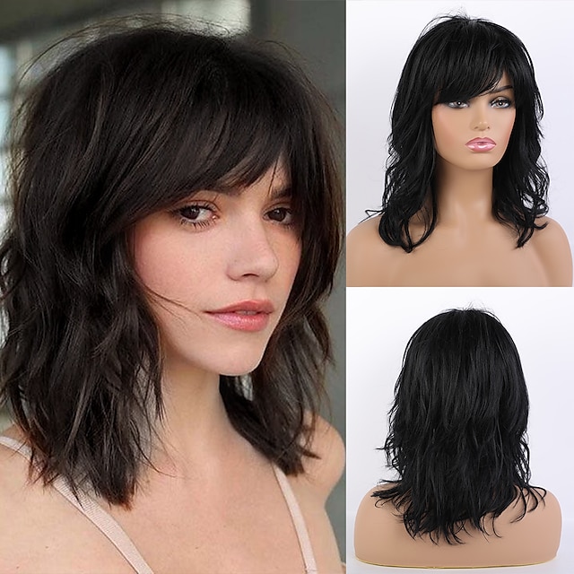  Remy Human Hair Wig Long Natural Wave Side Part Layered Haircut Asymmetrical With Bangs Black Women Fashion Natural Hairline Capless Women's All Natural Black #1B 16 inch