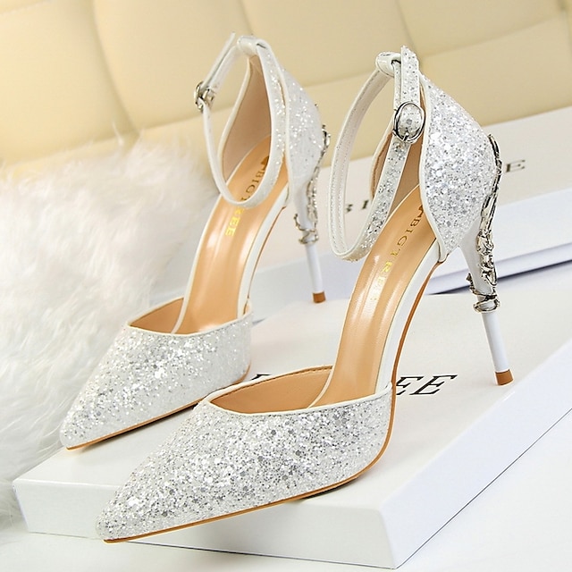 Women Sequins Super High Heel Pointy Toe Party Stiletto Buckle Ankle Strap Shoes 