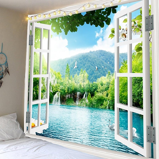  Window Landscape Wall Tapestry Art Decor Blanket Curtain Picnic Tablecloth Hanging Home Bedroom Living Room Dorm Decoration Polyester Lake Rive Forest Mountain