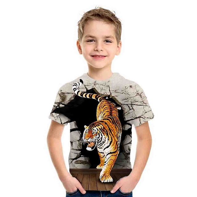 Baby & Kids Boys Clothing | Kids Boys T shirt Tee Short Sleeve Tiger Animal Print Gray Children Tops Summer Basic Holiday - BP71