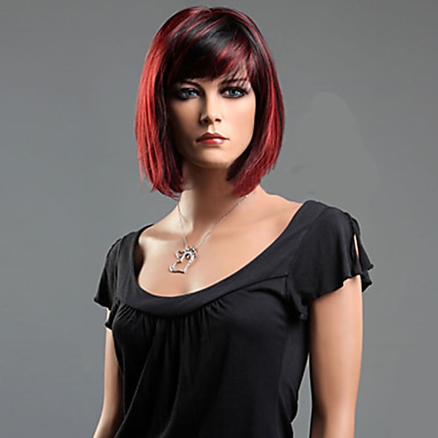  косплей костюм парик синтетический парик прямой боб аккуратная челка с челкой парик короткие черные черные / красные радужные синтетические волосы 12 дюймов женские женские синтетические сексуальные