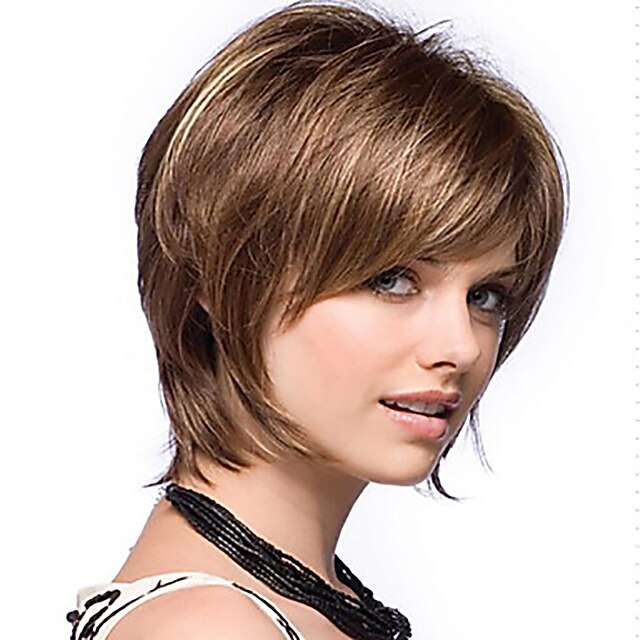 Synthetic Wig Straight Bob Pixie Cut Middle Part Wig Short Brown Golden ...