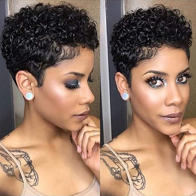  Remy Human Hair Wig Pixie Cut For Black Women Short Afro Curly Brazilian Hair Cheap Wig Human Hair Capless Wig Natural Black #1B For Daily Party