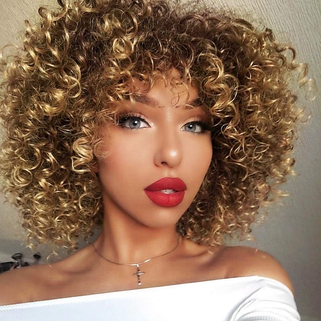  Synthetic Wig Kinky Curly Bob Wig Medium Length Medium Golden Brown#10 Synthetic Hair 14 inch Women's Party Lovely Comfortable Light Brown / African American Wig