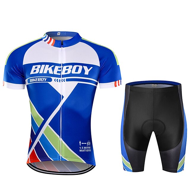  BIKEBOY Men's Cycling Jersey with Shorts Short Sleeve Mountain Bike MTB Road Bike Cycling Blue Patchwork Bike Clothing Suit Polyester 3D Pad Breathable Quick Dry Reflective Strips Back Pocket Sports