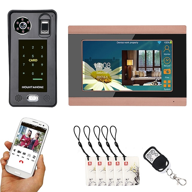  7inch Wired Wifi Fingerprint IC Card  Video Door Phone Doorbell Intercom System with Door Access Control SystemSupport Remote APP unlocking Recording