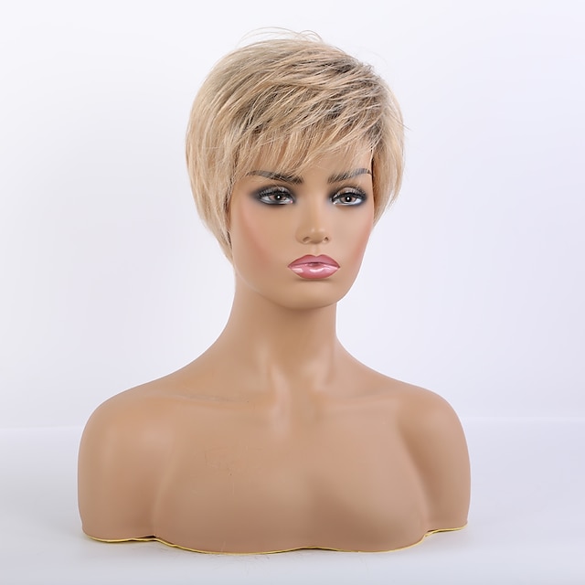  peruca de păr uman scurtă dreaptă naturală dreaptă bob pixie tăiată stratificat tunsoare asimetrică blondă femei modă linie de păr naturală fără cap femei toate negru / blond miere 8 inch