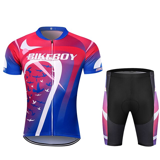  BIKEBOY Men's Short Sleeve Cycling Jersey with Shorts Summer Polyester Red+Blue Patchwork Gradient Bird Bike Clothing Suit 3D Pad Quick Dry Breathable Reflective Strips Back Pocket Sports Patchwork