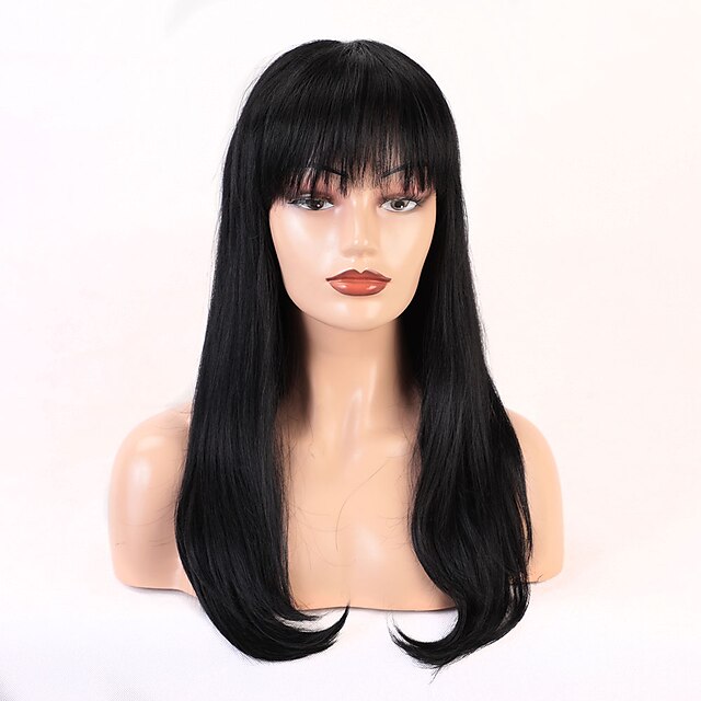  Remy Human Hair Wig Very Long Straight Natural Straight Neat Bang With Bangs Black Women Fashion Natural Hairline Capless Women's All Natural Black #1B 24 inch / African American Wig