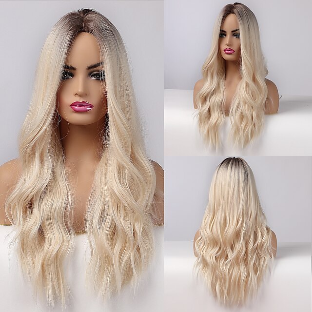  Synthetic Wig Curly Natural Wave Middle Part Side Part Wig Very Long Ombre Blonde Synthetic Hair 26 inch Women's Fashionable Design Cosplay Party Blonde Ombre BLONDE UNICORN / African American Wig