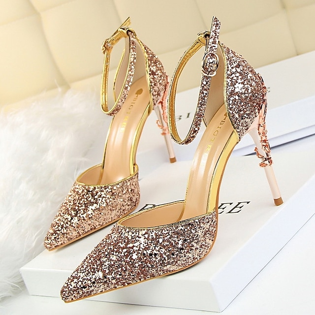 Shoes & Bags Womens Shoes | Womens Heels Glitter Crystal Sequined Jeweled Ankle Strap Heels High Heel Decorative Heel Pointed To