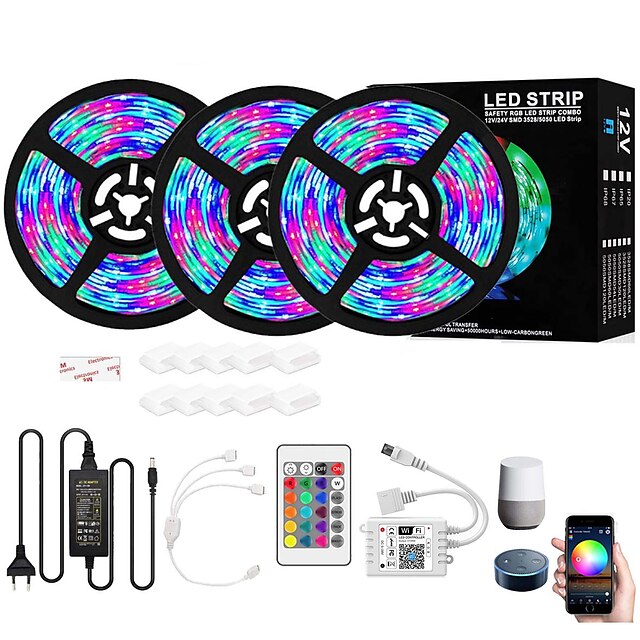  RGB Led Strip 900 LEDs Intelligent Dimming App Control Flexible Led Strip Lights 15M (3x5M) 2835 RGB SMD IR 24 Key Controller with 12V 4A Adapter Kit