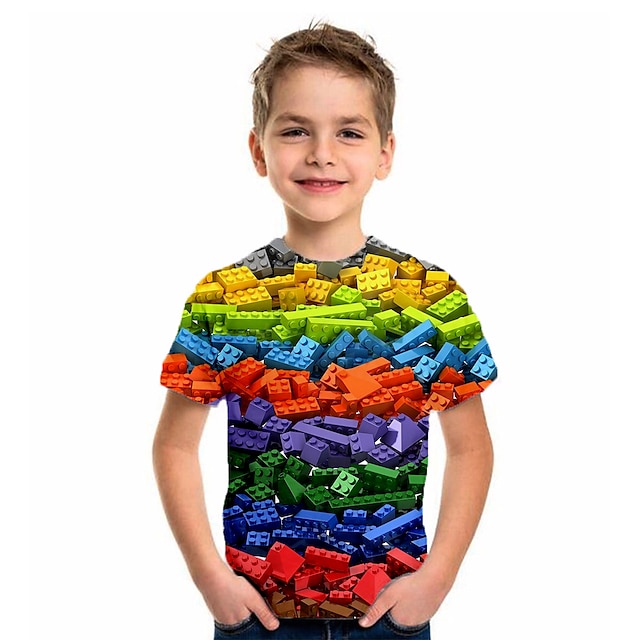  Para Meninos 3D Geométrica Bloco de cor 3D impressão Camisa Camiseta Manga Curta Impressão 3D Verão Esportes Roupa de rua Básico Poliéster Infantil
