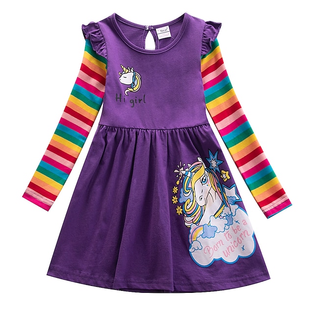 Kids Little Girls' Dress Dinosaur Casual Cartoon Long Sleeve Purple ...