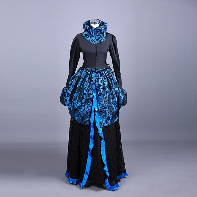  Rococo Victorien Costume Costume de Soirée Bal Masqué Bleu / Noir Vintage Cosplay Taffetas Manches Longues Cloche Longueur Cheville / Fleur