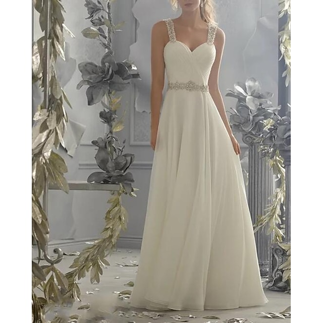  A-Line Wedding Dresses Sweetheart Neckline Sweep / Brush Train Chiffon Lace Spaghetti Strap Simple Sparkle & Shine Backless with Beading Lace Insert 2022