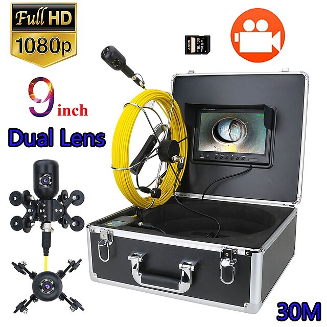  9inch DVR 30M 1080P HD Dual Camera Lens Drain Sewer Pipeline Industrial Endoscope Pipe Inspection Video Camera
