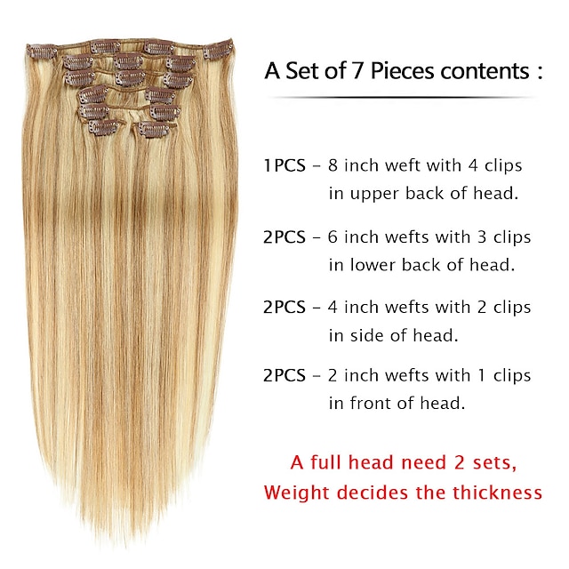  Clip in / on Przedłużanie włosów Włosy naturalne remy 7 szt. Pakiet Prosta Przedłużanie włosów