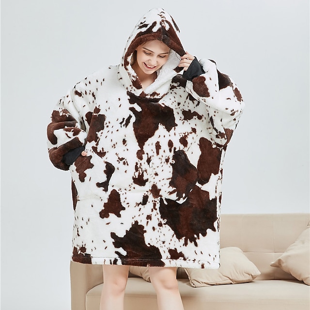 Adults' Oversized Hoodie Blanket Wearable Blanket With Pocket Milk Cow Spot Onesie Pajamas Flannel Fabric Cosplay For Men and Women Christmas Animal Sleepwear Cartoon