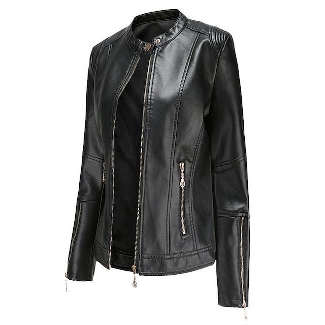 X-Future Women Faux Leather Coat Stand Collar Moto Biker Slim Fit Zip Front Jacket 