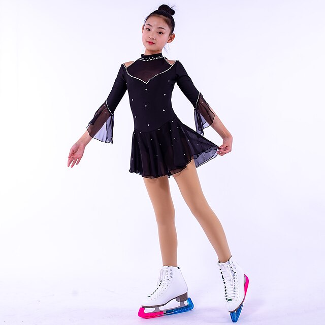  Figure Skating Dress Girls' Ice Skating Dress Black Glitter Spandex High Elasticity Training Competition Skating Wear Handmade Crystal / Rhinestone Half-Sleeve Ice Skating Figure Skating