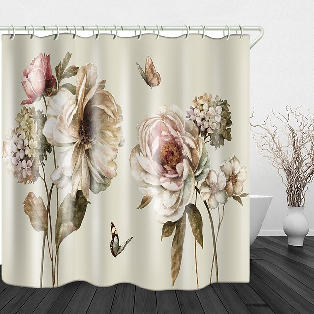 Home & Garden Bath Accessories | Blooming Flowers Digital Print Polyester Shower Curtain for Bathroom with Shower Curtain Hooks 