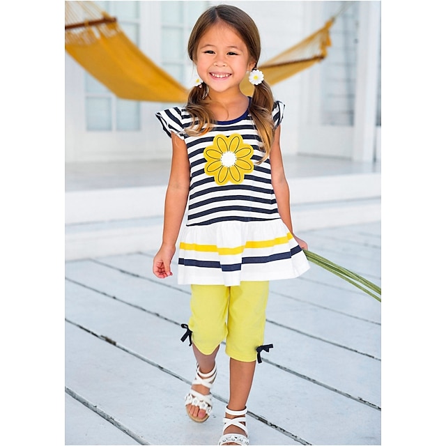  Girls' Clothing Set Short Sleeve Yellow Striped Solid Colored Print Cotton Daily Holiday Active Regular / Cute / Spring / Summer