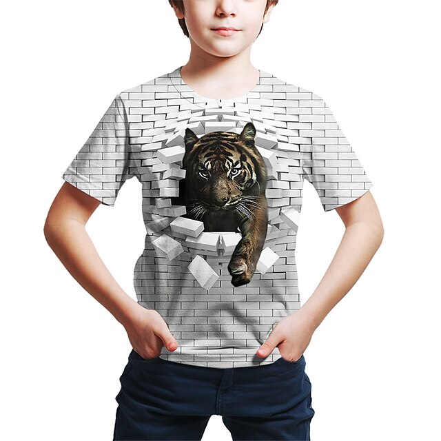  Kids Toddler Boys' T shirt Tee Short Sleeve Tiger Geometric 3D Tiger Animal Print White Children Tops Summer Active Streetwear Children's Day