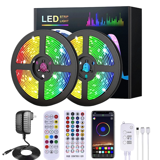 LED Smart Strip Lights 20m RGB Music Sync 12V Waterproof LED Strip 2835 SMD Color Changing LED Light with Bluetooth Controller Adapter for Bedroom Home TV Back Light DIY Decor