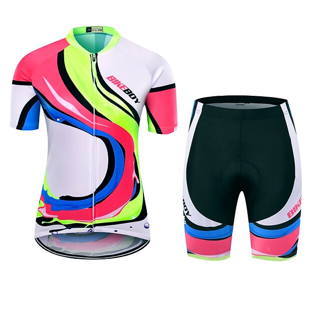  BIKEBOY Women's Short Sleeve Cycling Jersey with Shorts Summer Polyester Fuchsia Stripes Patchwork Funny Bike Clothing Suit 3D Pad Quick Dry Breathable Reflective Strips Back Pocket Sports Stripes