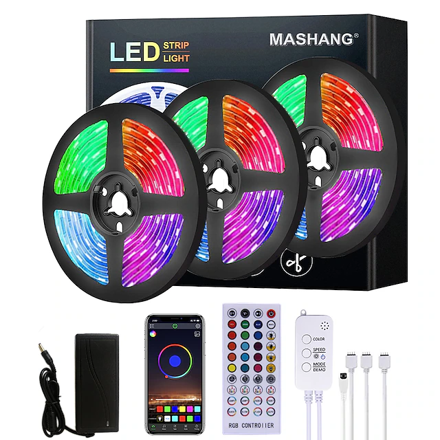 20m 65ft LED Smart Strip Lights TV Backlight RGB Bluetooth Music Sync 5M 10M 15M 2835 SMD Color Changing with 40 Keys Controller for Bedroom Kitchen Home Decoration 24