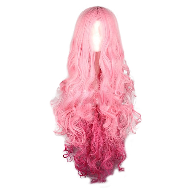  cosplay κοστούμι περούκα συνθετική περούκα σγουρή μεσαία περούκα μακριά ροζ+κόκκινα συνθετικά μαλλιά 28 ιντσών ανδρικό πάρτι ροζ