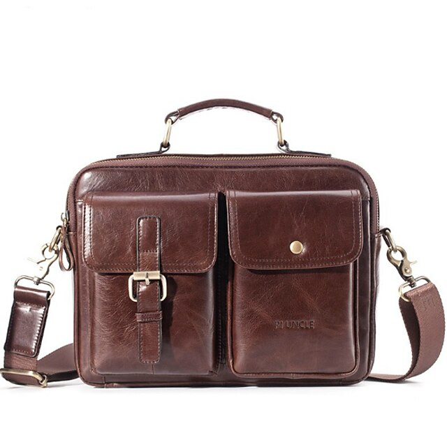  Men's Bags Cowhide Shoulder Messenger Bag Laptop Bag Briefcase Belt Zipper Daily Office & Career Handbags Black Dark Coffee