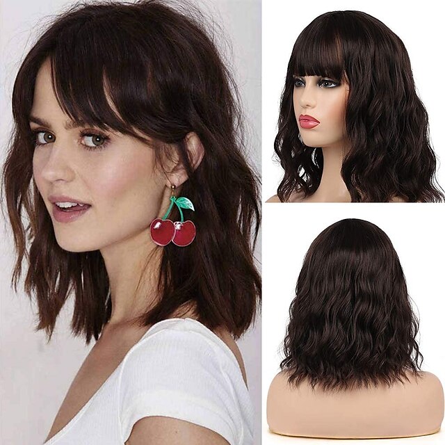  Synthetic Wig Curly With Bangs Wig Medium Length Brown Synthetic Hair 12 inch Women's Party New Arrival Fashion Brown