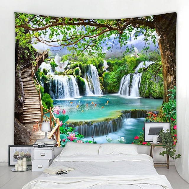  Beautiful wooden ladder waterfall scenery tapestry hanging cloth background cloth decorative cloth hanging cloth