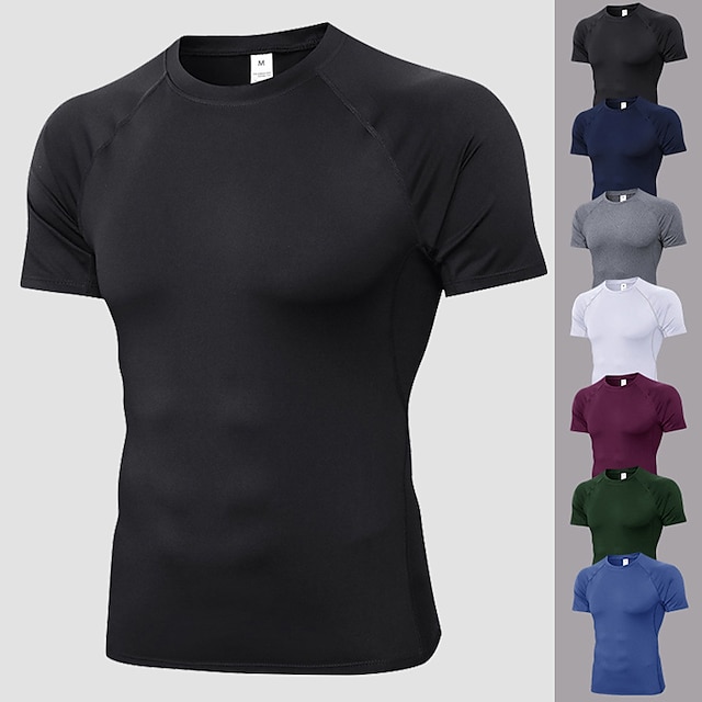  Men's Compression Shirt Running Shirt Tee Tshirt Top Athletic Athleisure Summer Breathable Quick Dry Moisture Wicking Fitness Gym Workout Performance Running Training Sportswear Solid Colored White
