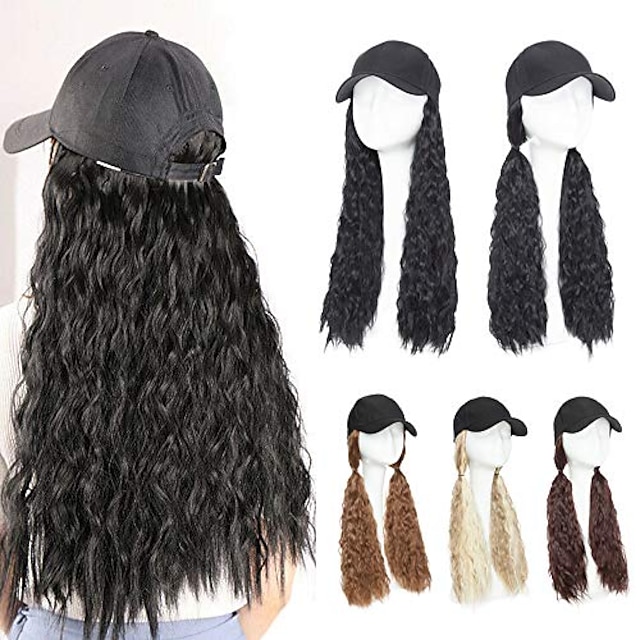  baseball cap with hair hat hair extension curly long wavy corn wave hairpiece with baseball hat attached adjustable cap synthetic yaki hair for girls and women (18