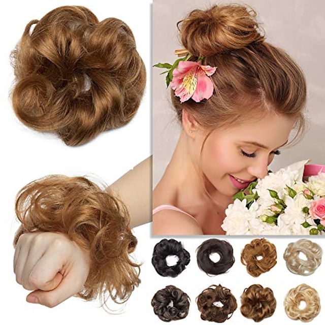  real human hair scrunchie hair piece curly wavy rose bun elegant chignons messy updo for women kids donut ponytails hairpiece light brown