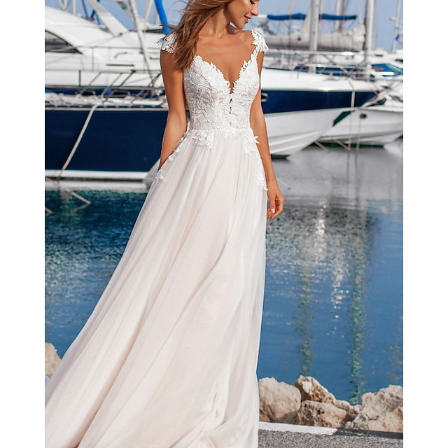 Beach Formal Wedding Dresses A-Line V Neck Cap Sleeve Floor Length Lace ...