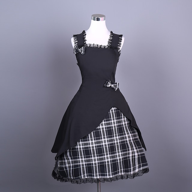  Lolita Vacation Dress Dress Prom Dress Women's Cotton Japanese Cosplay Costumes Plus Size Customized Black Ball Gown Plaid Sleeveless Short Length