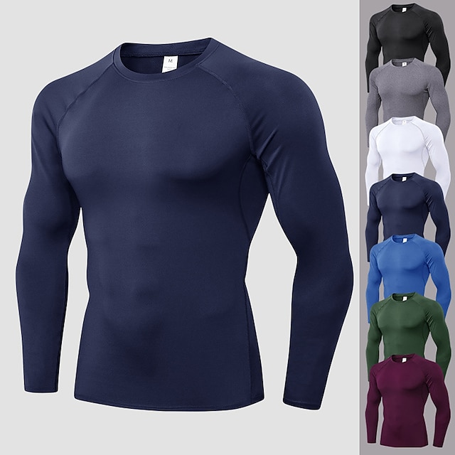  YUERLIAN Men's Long Sleeve Compression Shirt Running Shirt Tee Tshirt Top Athletic Spandex Quick Dry Moisture Wicking Breathable Fitness Gym Workout Running Jogging Sportswear Solid Colored Blue Gray